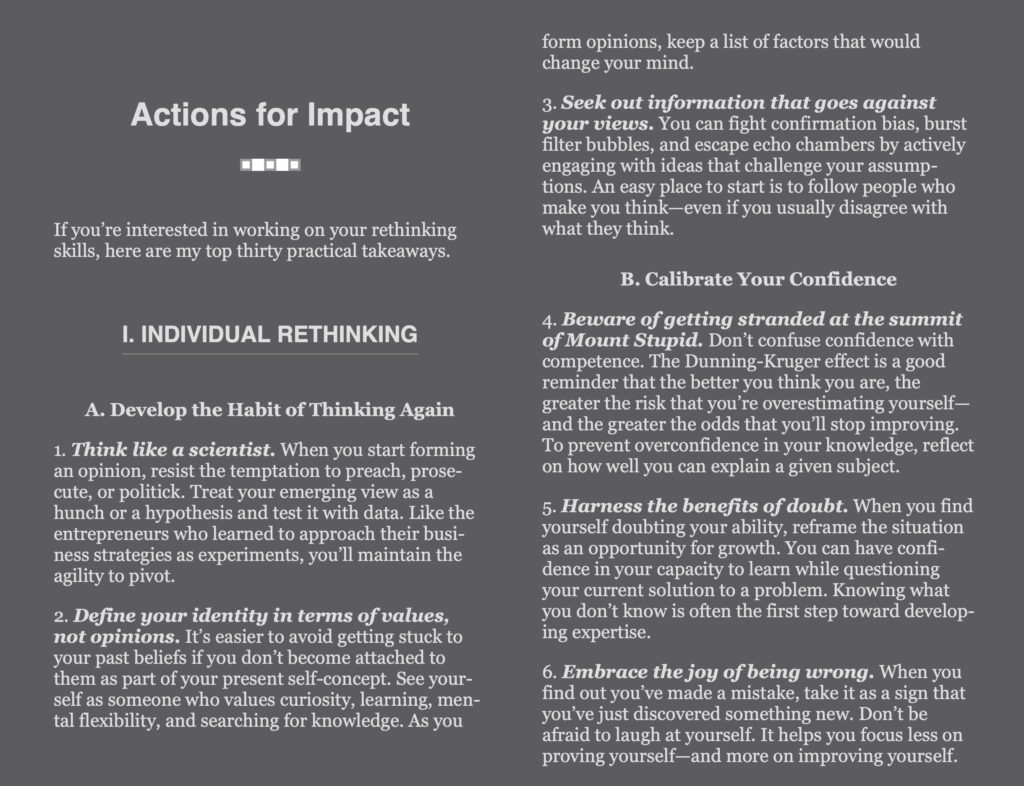 Fotografierte Buchseite aus Think Again mit dem Abschnitt Actions for Impact zum individuellen Umdenken