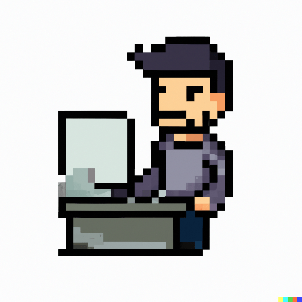 KI-generiertes Pixel Art eines Menschen mit ChatGPT an einem futuristischen Computer