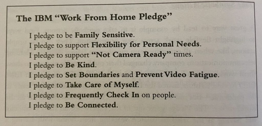 Abgedruckter IBM Work From Home Pledge mit acht Selbstverpflichtungen, unter anderem zu Flexibilität, Kamerapausen und regelmässigem Nachfragen