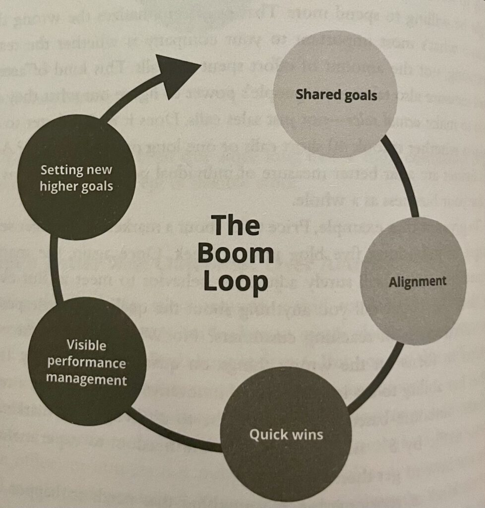 Diagramm The Boom Loop: gemeinsame Ziele, Ausrichtung, schnelle Erfolge, sichtbare Leistungssteuerung und neue, höhere Ziele verstärken sich im Kreis
