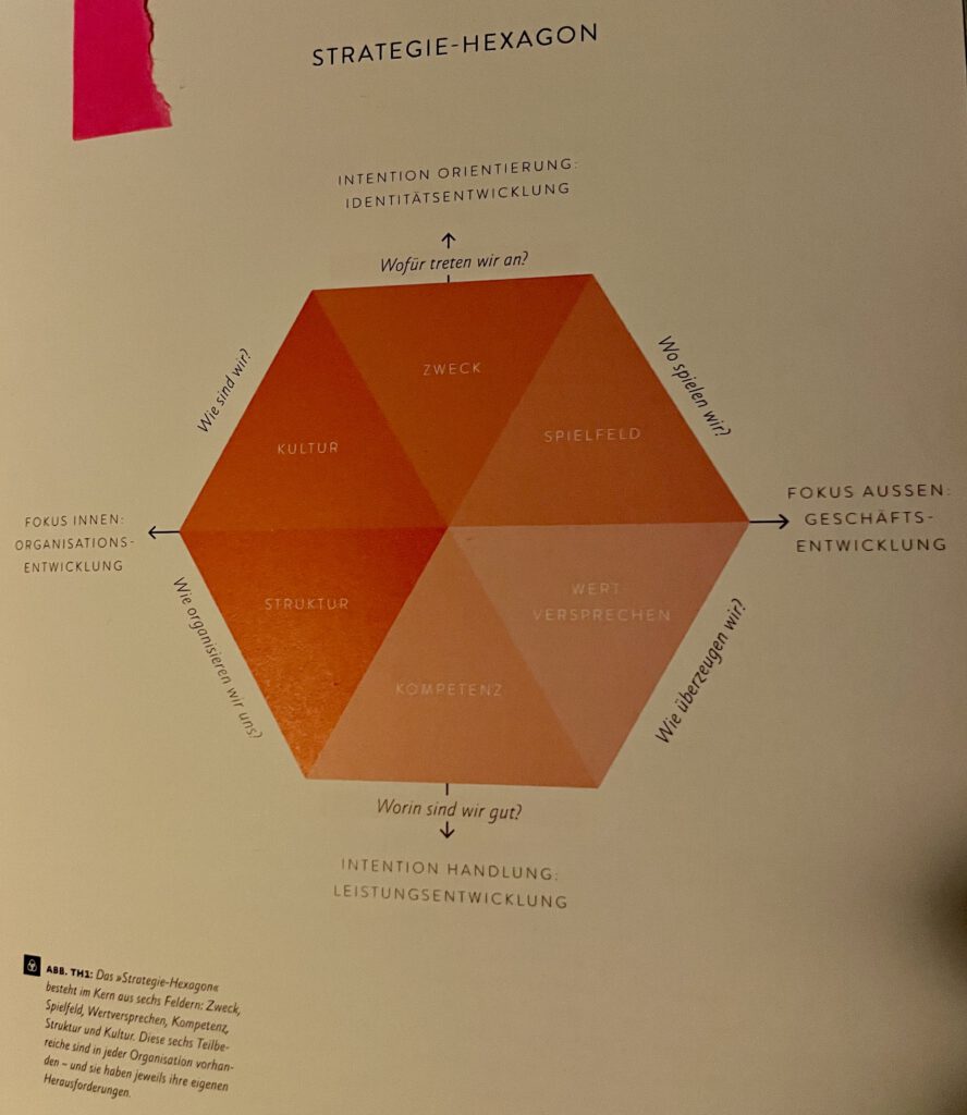 Buchseite mit dem ausgefüllten Strategie-Hexagon, von der Organisationsentwicklung nach innen bis zur Geschäftsentwicklung nach aussen