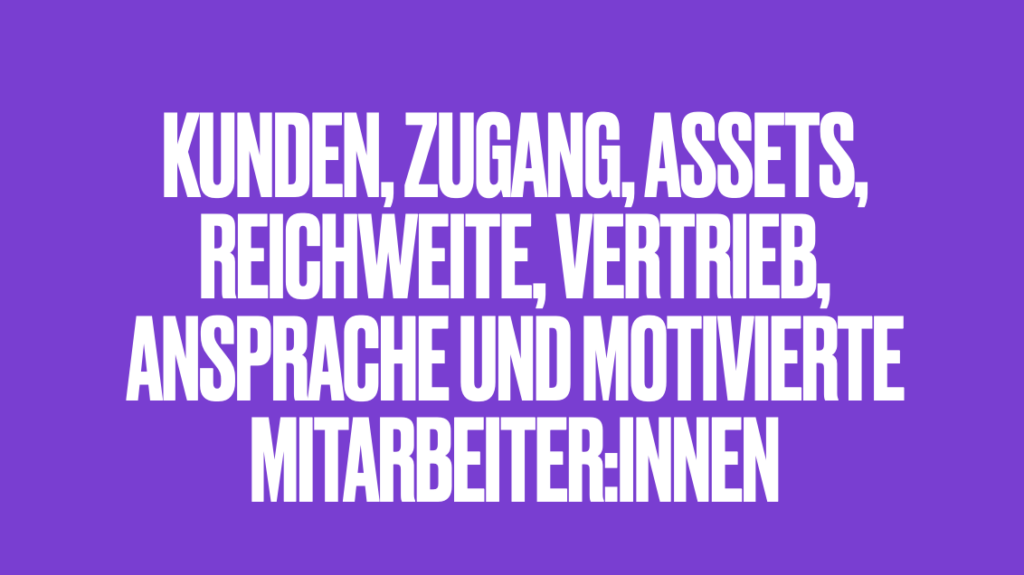 Textfolie mit der Aufzählung Kunden, Zugang, Assets, Reichweite, Vertrieb, Ansprache und motivierte Mitarbeitende