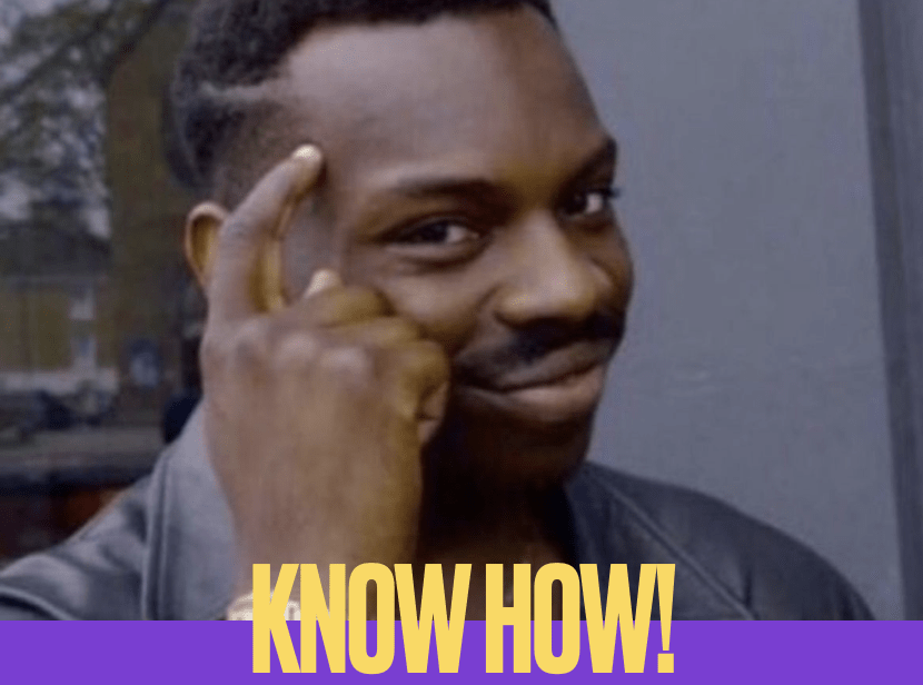 Meme: Ein Mann tippt sich grinsend an die Schläfe, darunter das Wort Know how
