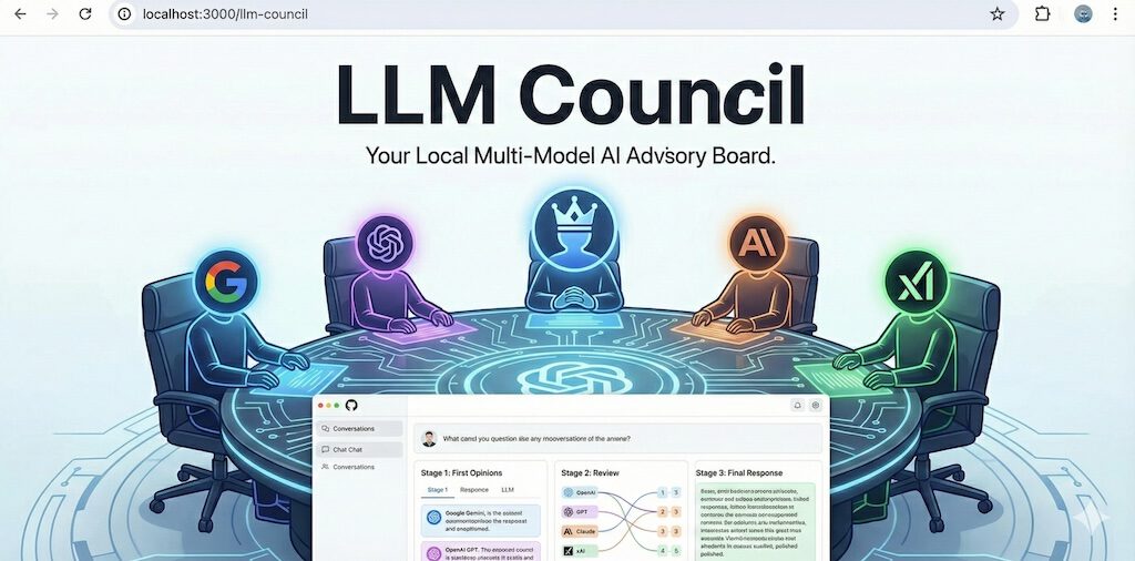 Screenshot der Oberfläche LLM Council, eines lokalen Multi-Modell-Beirats, mit mehreren Modell-Avataren an einem Konferenztisch