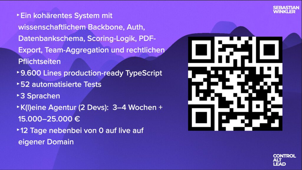Vortragsfolie mit den technischen Eckdaten eines in wenigen Tagen gebauten Systems, daneben ein QR-Code