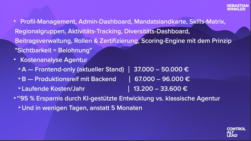 Vortragsfolie mit dem Funktionsumfang der Plattform und einer Kostenanalyse, die Agenturangebote von 37.000 bis 96.000 Euro den laufenden Kosten gegenüberstellt