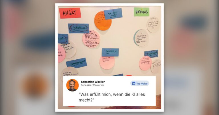 Stellwand mit Angst- und Hoffnungs-Clustern aus dem KI-Workshop für Azubis in Düsseldorf, darunter die Frage: Was erfüllt mich, wenn die KI alles macht?