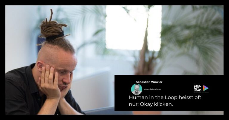 Sebastian Winkler sitzt müde vor dem Laptop, den Kopf in die Hände gestützt. Text: Human in the Loop heisst oft nur: Okay klicken.